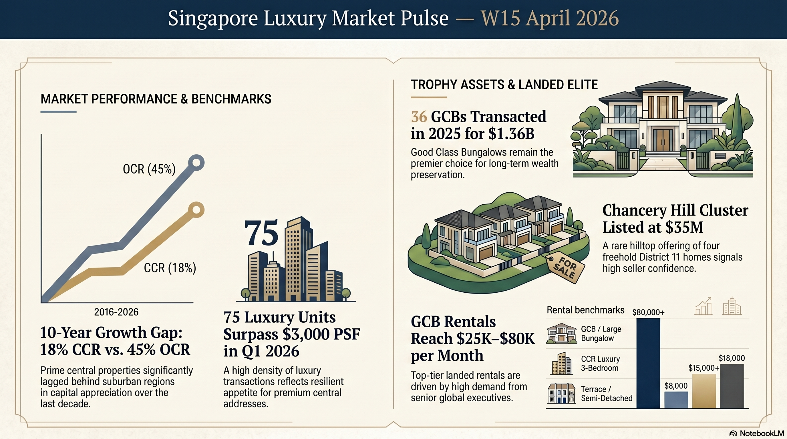 Singapore Luxury Market Pulse - W15 April 2026 infographic showing CCR vs OCR growth gap, GCB transactions, rental benchmarks