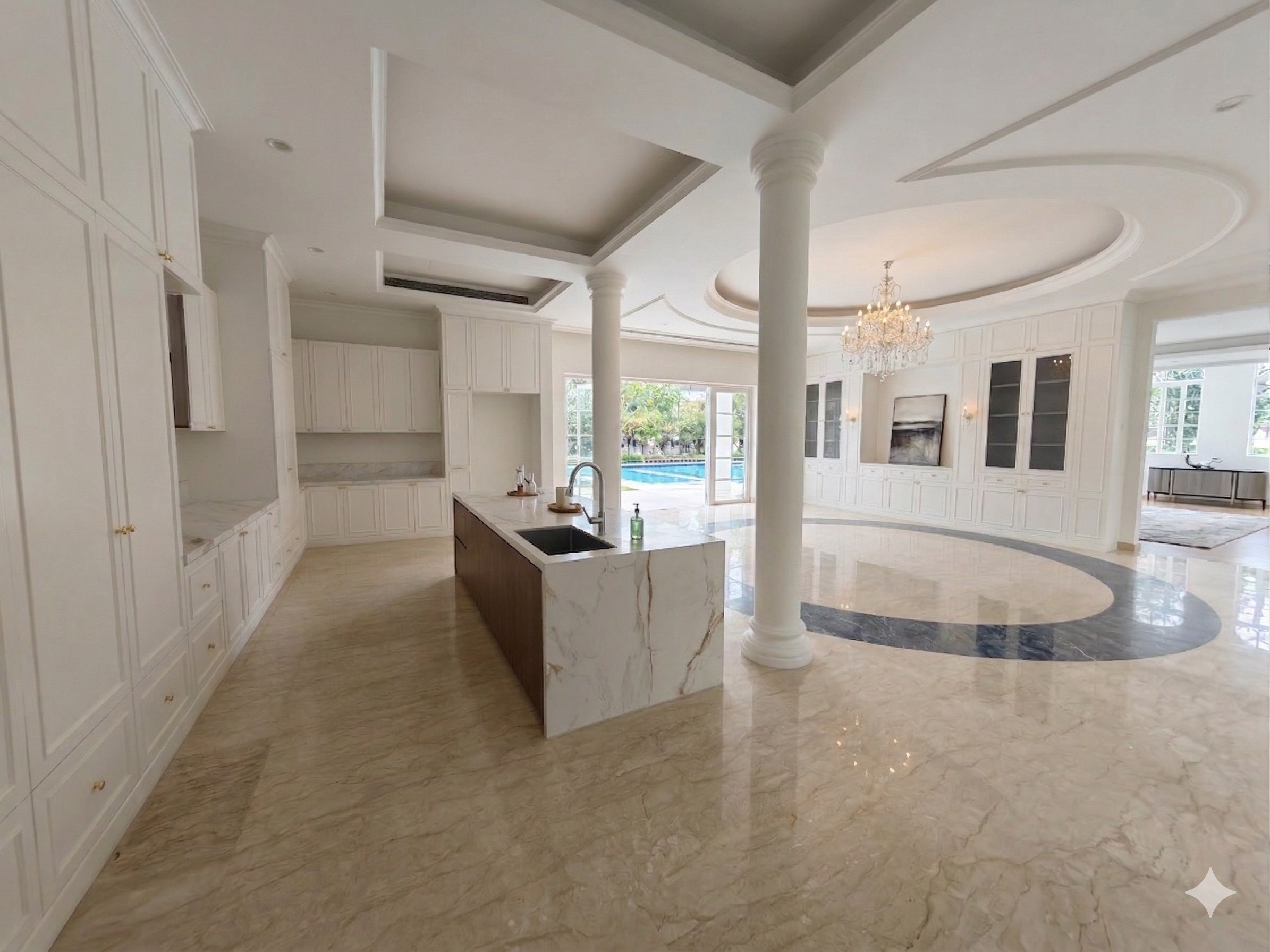 Tanglin Hill Private Estate Kitchen with Marble Island and Pool View